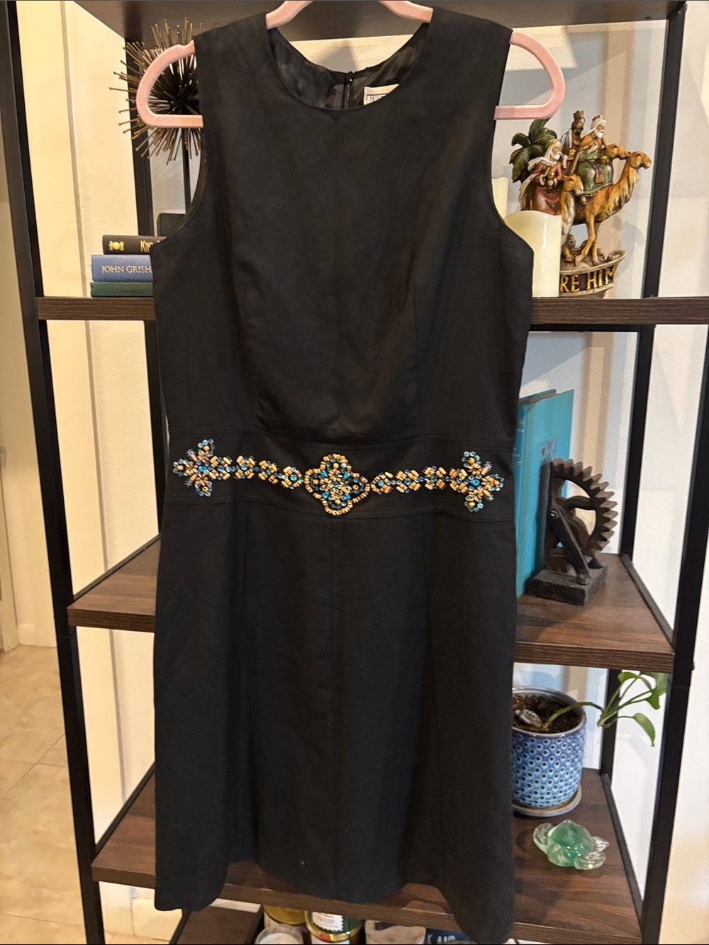 Jessica Howard Linen Blend Boho Black Sleeveless Embellished Waist Dress Size 8